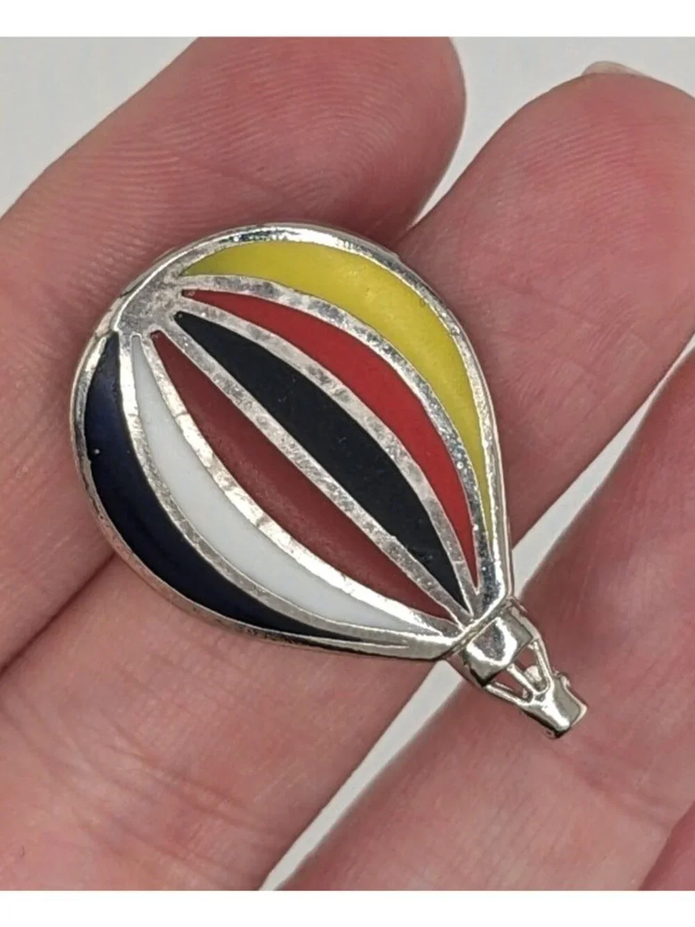 Retro Vintage Hot Air Balloon Lapel Pin Multicolor Enamel Silver Tone Travel Bro